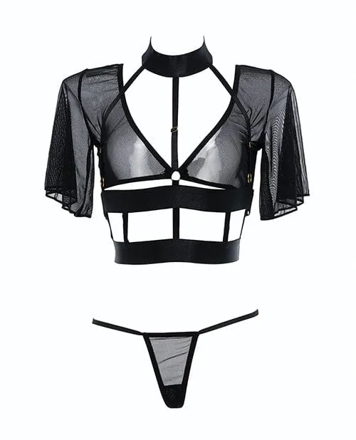 Adore Dreamer Sheer Mesh Strappy Top & Thong Black O/s