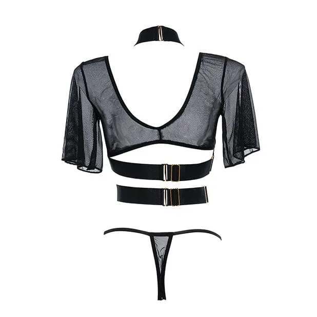 Allure Lingerie - Adore Dreamer Sheer Mesh Strappy Top and Thong Costume (Black)