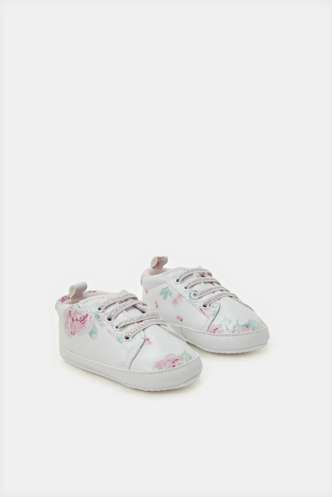 Baby White Flower Print Pram Shoe