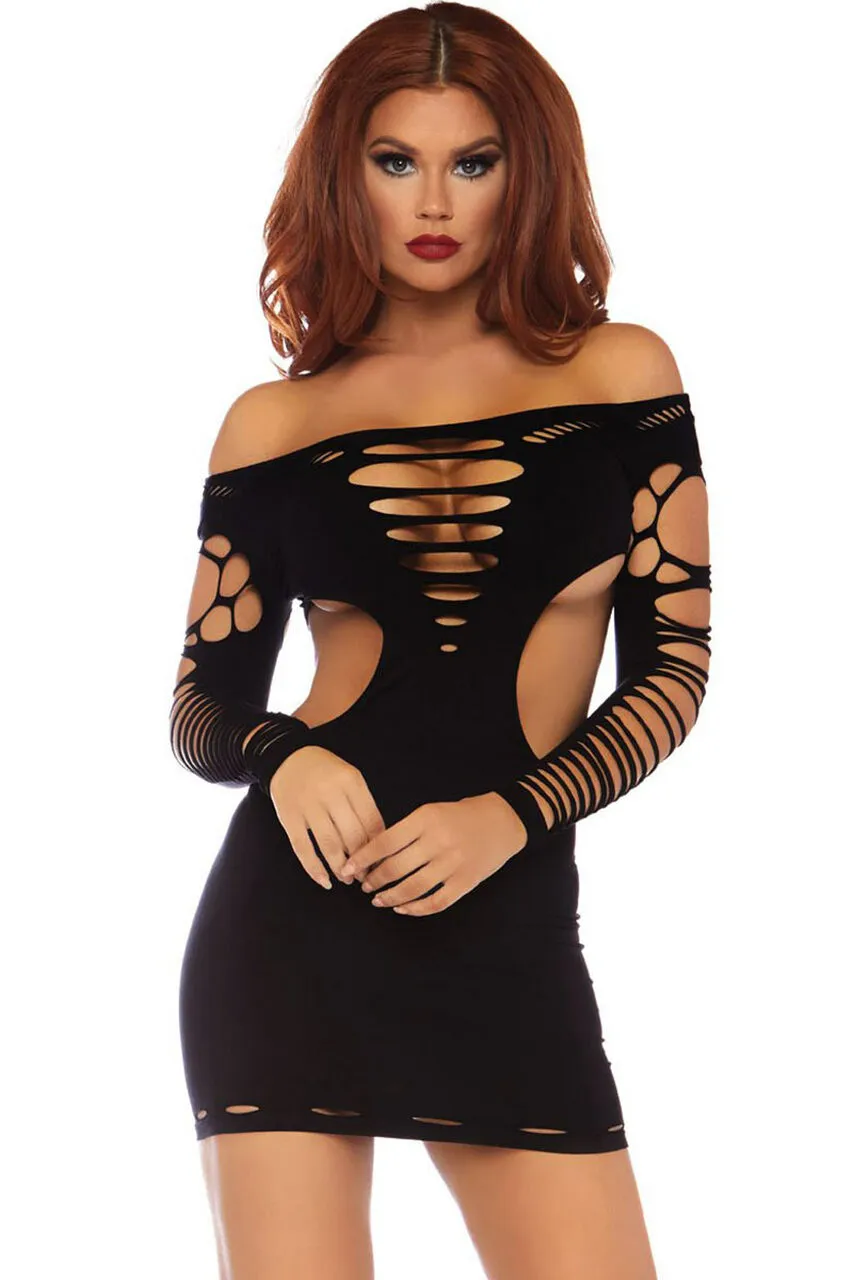 Black Seamless Shredded Mini Dress with Cut Out Sides