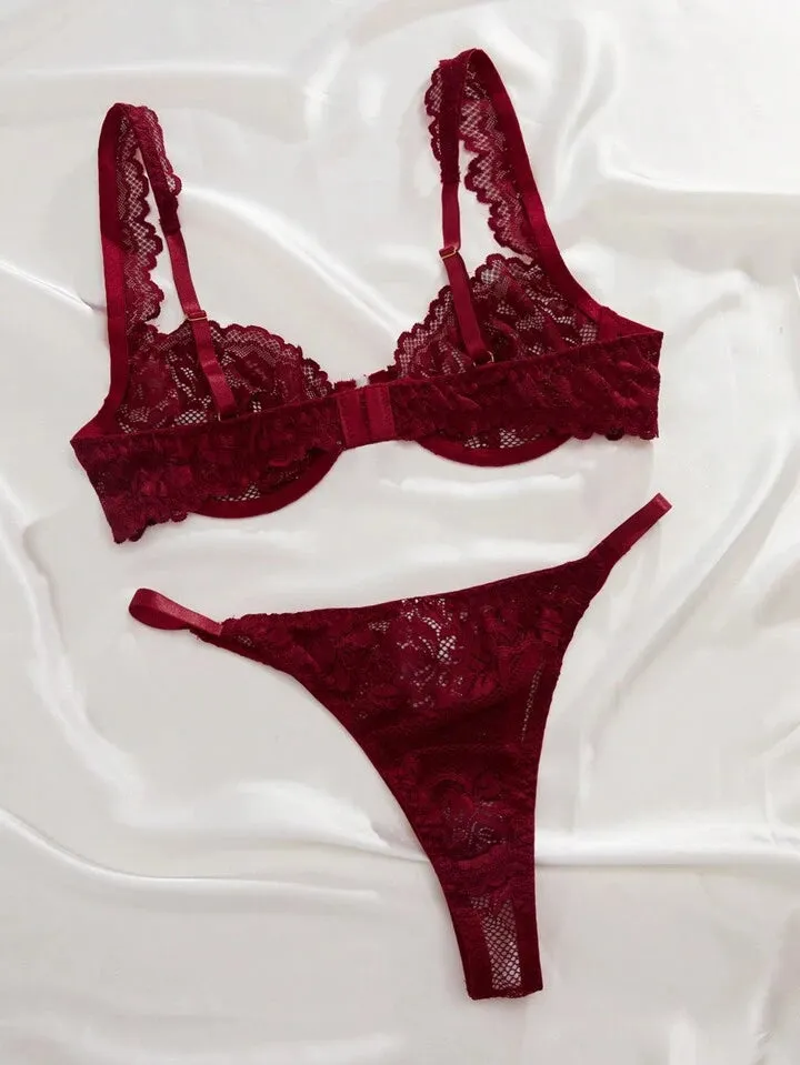 Burgundy Lingerie Set Mesh See Through