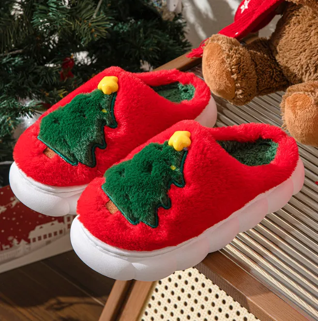 Christmas Slippers Foam for Women,Warm Non-Slip Slides with Christmas Tree Designs