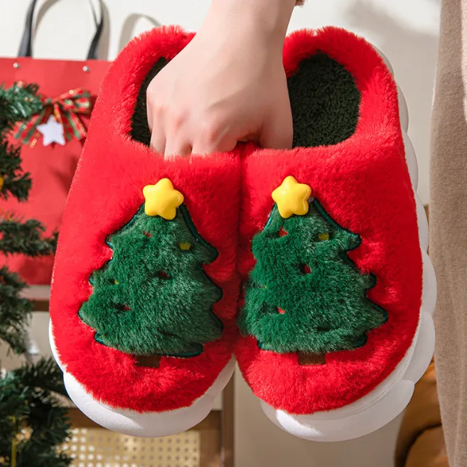 Christmas Slippers Foam for Women,Warm Non-Slip Slides with Christmas Tree Designs