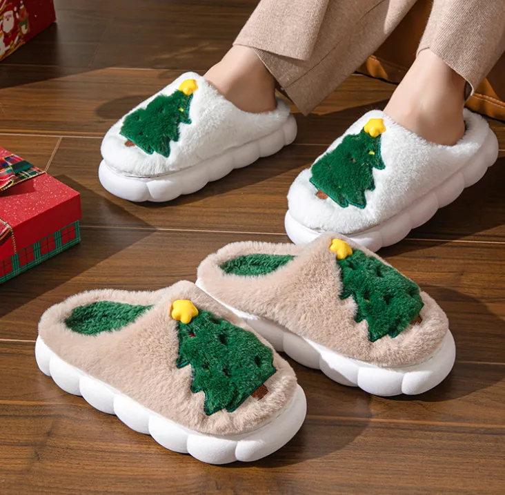 Christmas Slippers Foam for Women,Warm Non-Slip Slides with Christmas Tree Designs