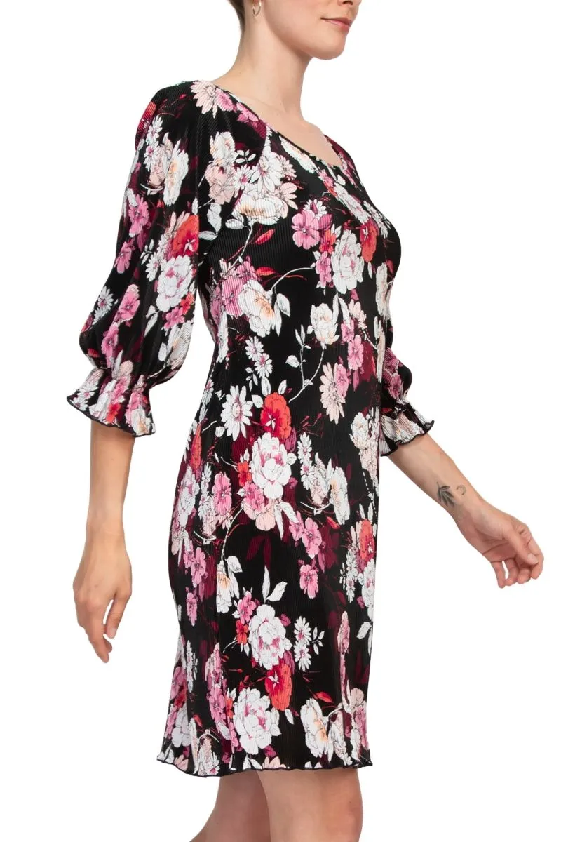 Connected Apparel Scoop Neck 3/4 Elastic Cuff Floral Print Ribbed Chiffon Dress