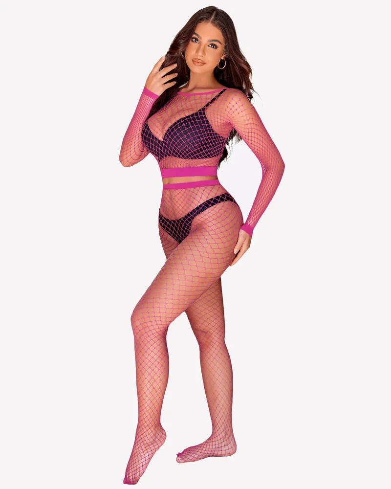 Fishnet Long Sleeve Two Piece Outfits Set