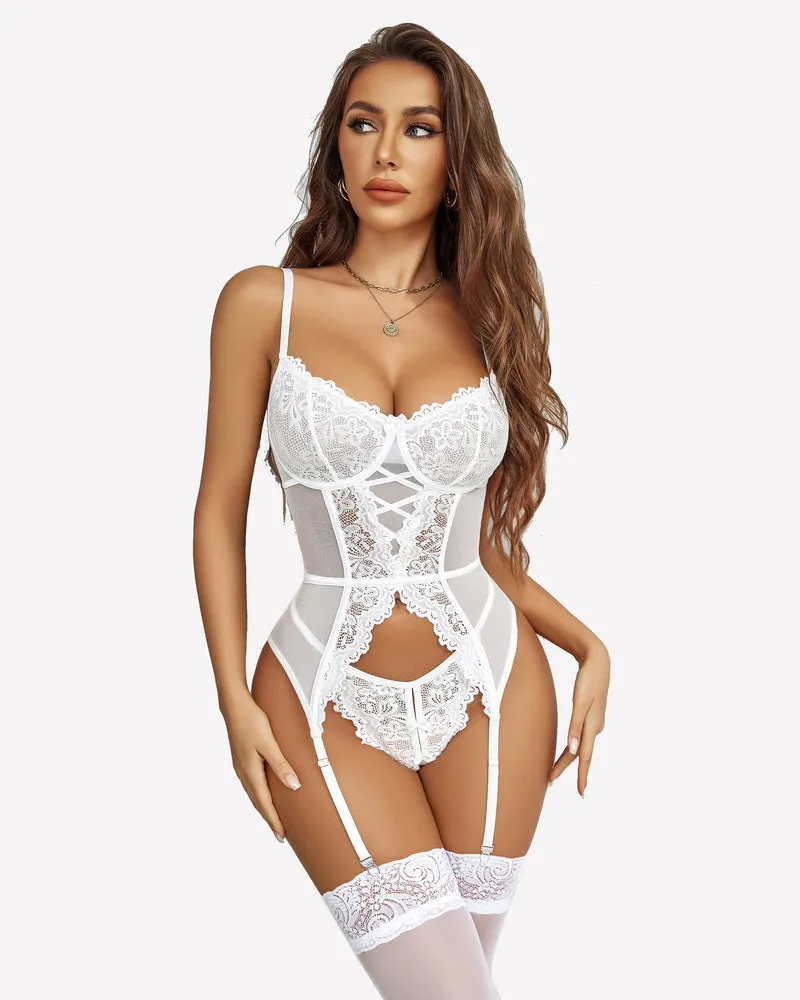 Floral Lace Bodysuit Bra and Panty Set