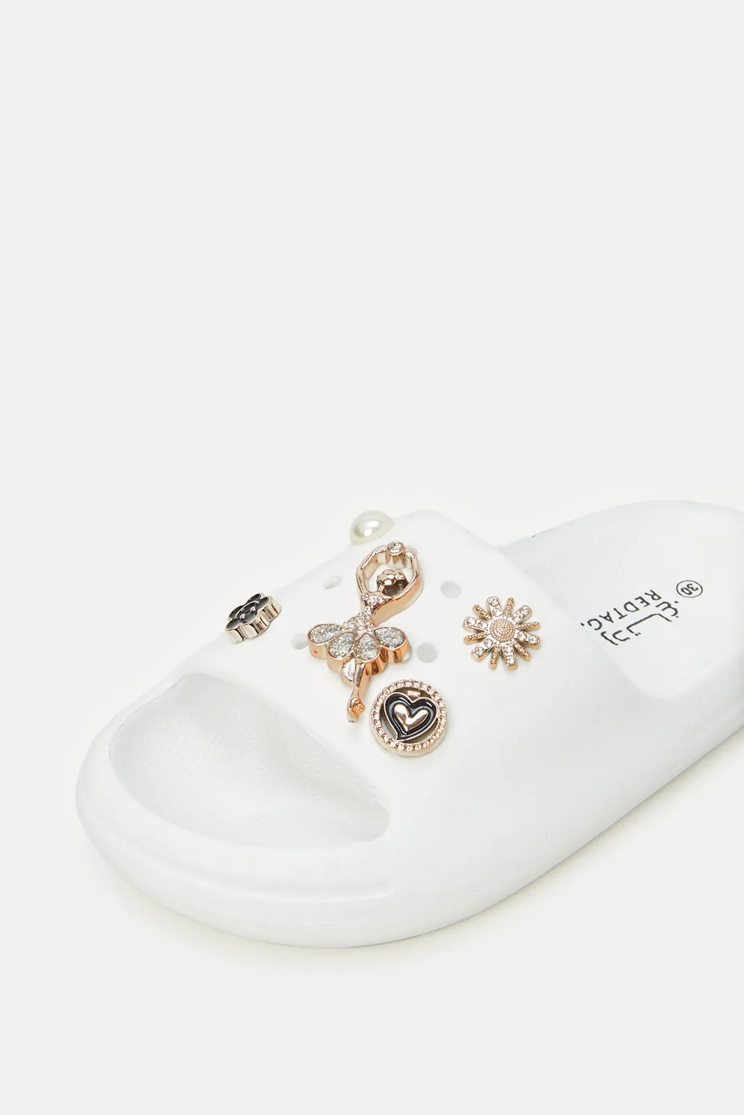 Girls White Embellished Patch Slide