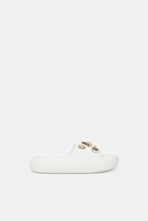 Girls White Embellished Patch Slide