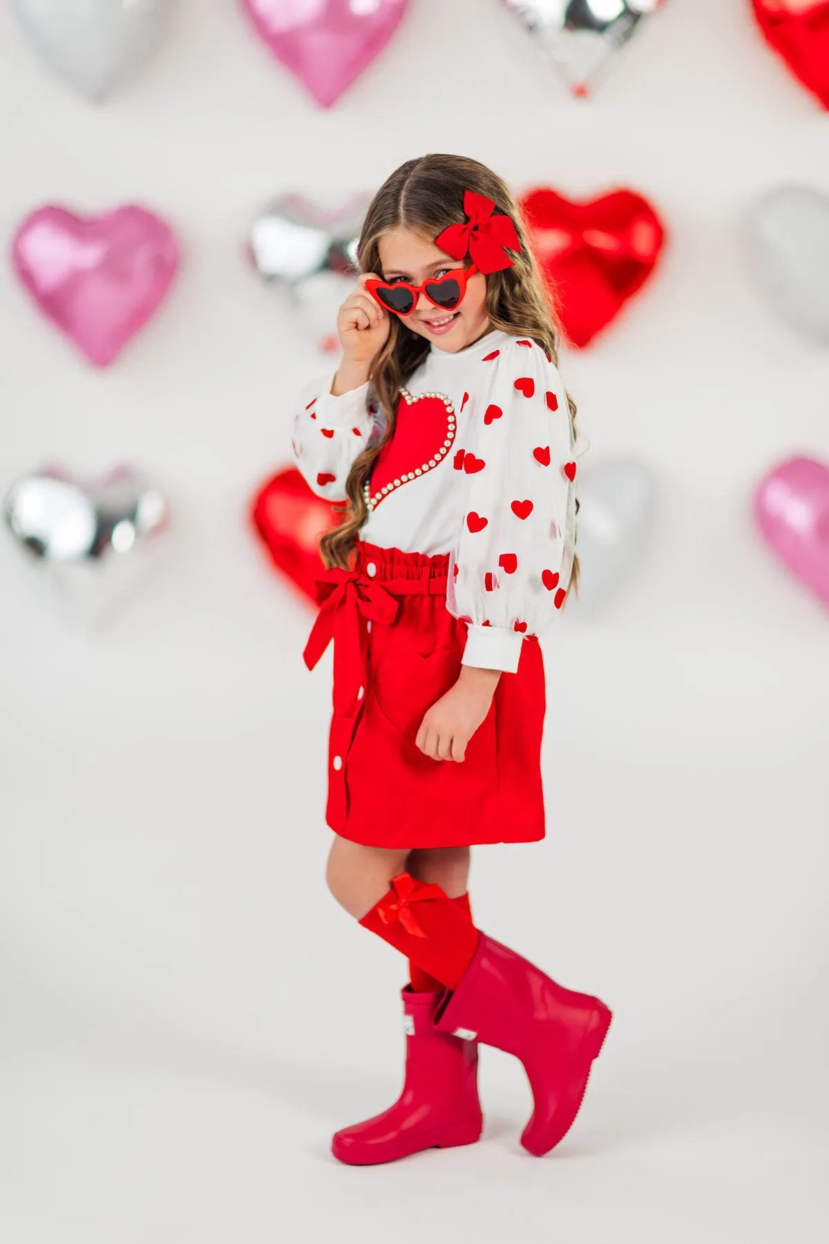 Hearts & Pearls Red Skirt Set or Onesie