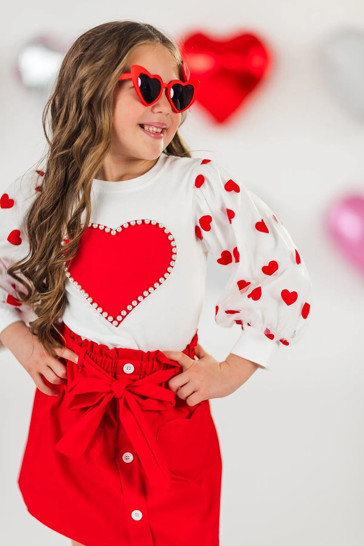 Hearts & Pearls Red Skirt Set or Onesie