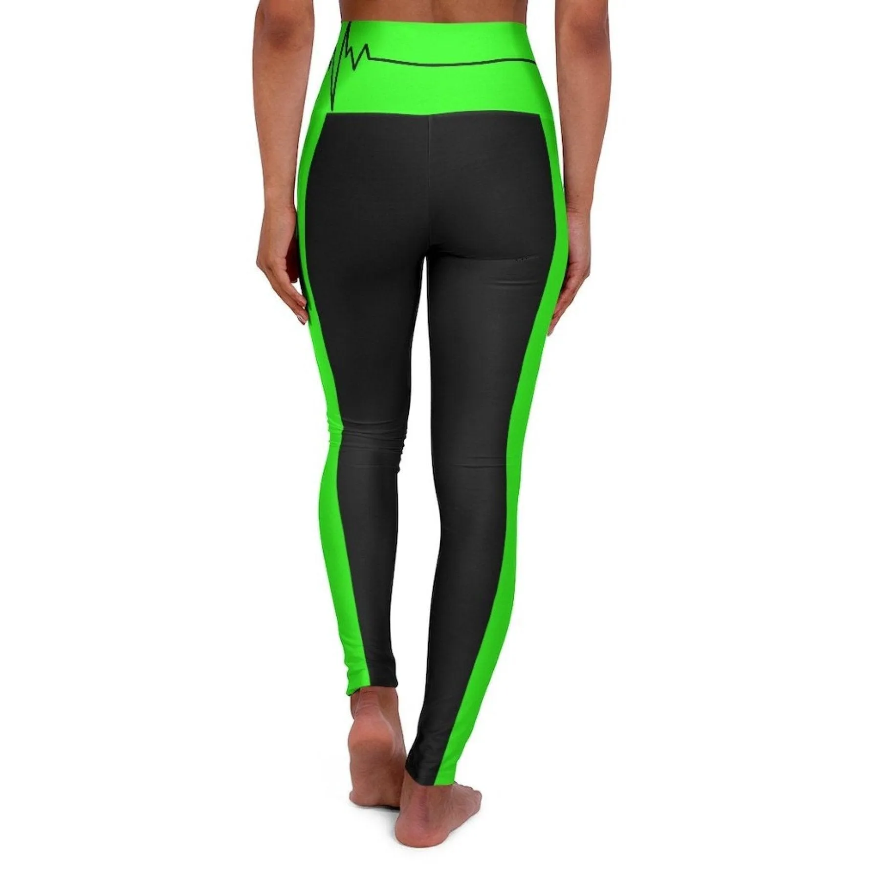 High Waisted Yoga Leggings, Black And Neon Green Beating Heart Sports