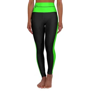 High Waisted Yoga Leggings, Black And Neon Green Beating Heart Sports