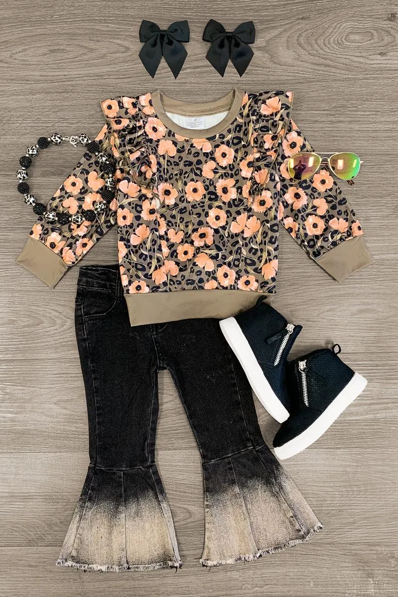 Olive Green Floral & Black Distressed Denim Set