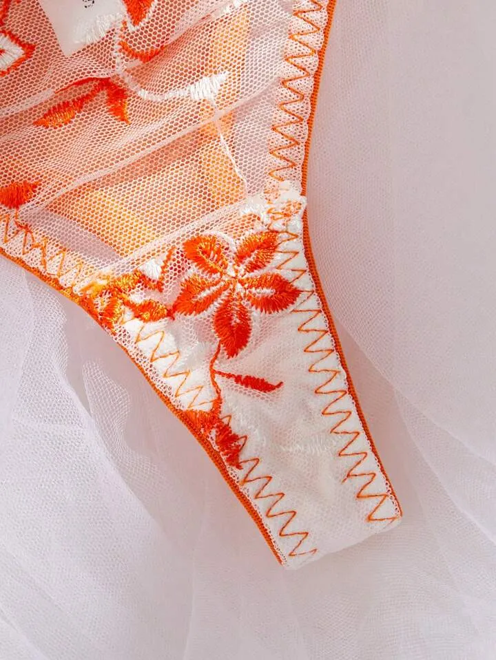 Orange Embroidered Sheer Lingerie Set