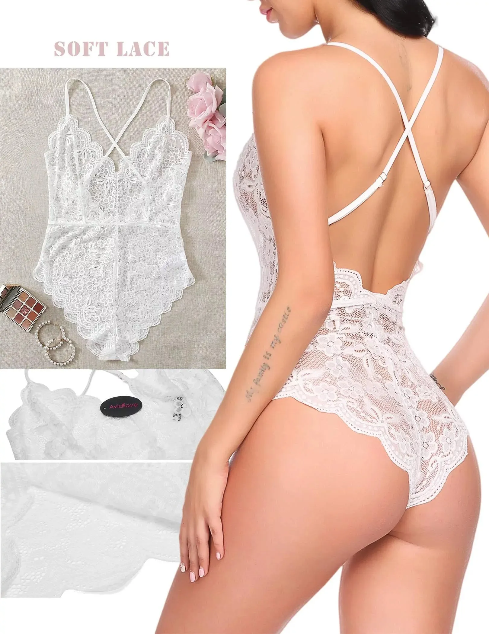 "Sexy Lace Deep V One Piece Lingerie Bodysuit - White (Size M)"