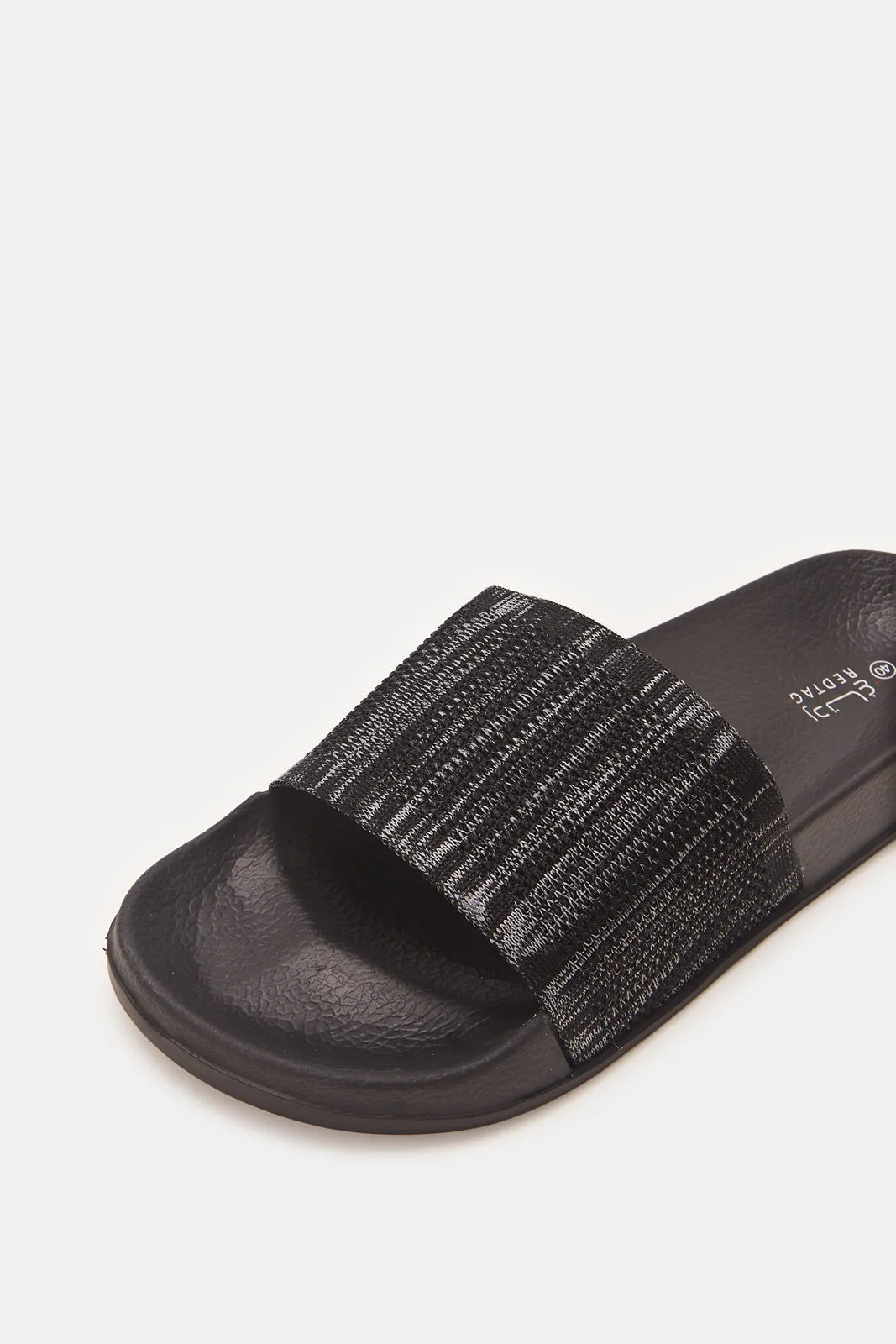 Women Black Textured Knit Upper Slide